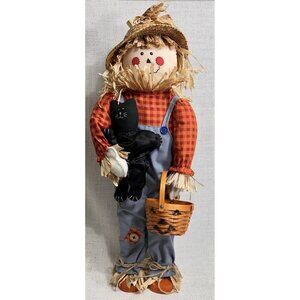 2’ Standing Scarecrow With Black Cat And Pumpkin Basket Fall Country Rustic